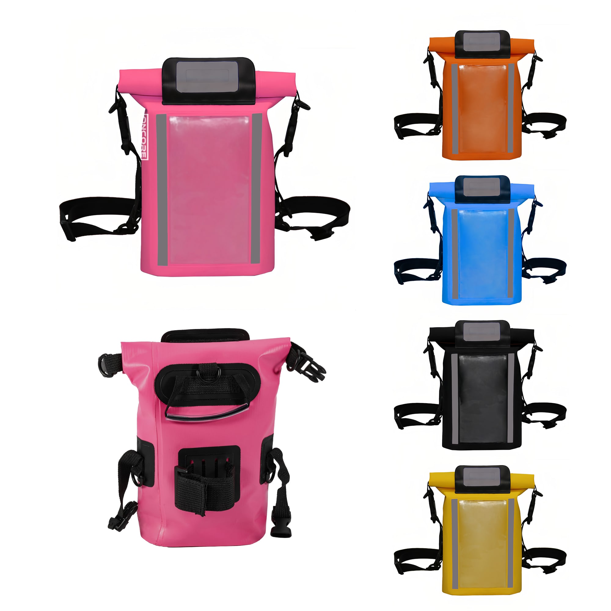 A pink, orange, blue, black, and grey waterproof crossbody handlebar bag featuring adjustable straps and a front pocket. Waterproof Crossbody Handlebar Bag 3L - Image 1