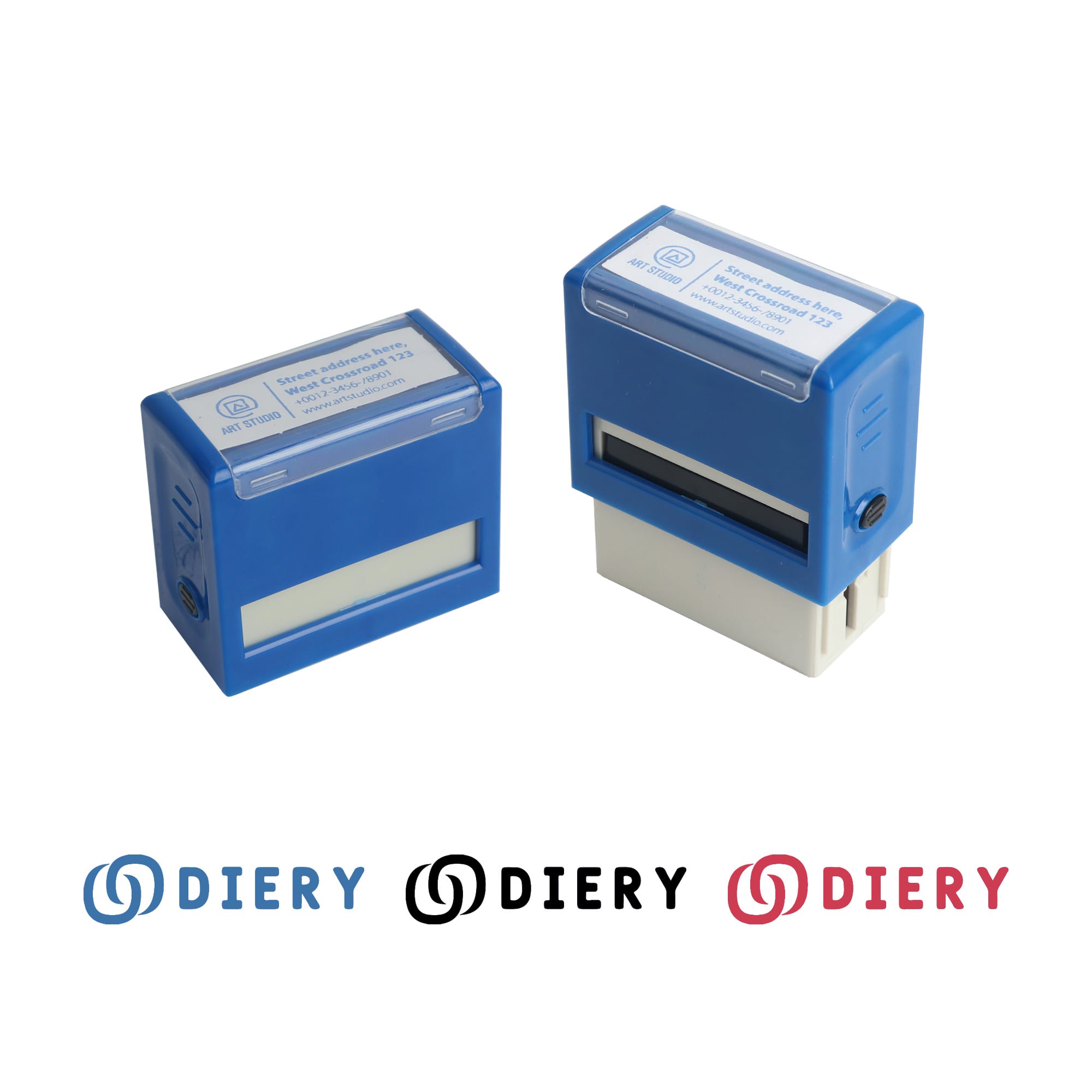 Two blue self-inking rubber stamps with a white stamping surface, featuring a logo on one side. Self-Inking Rubber Stamp - Image 1