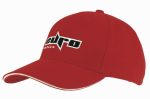 A red cap with a sandwich trim and a logo on the front.