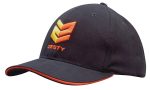 A navy blue cap with orange sandwich trim and embroidered branding on the front.