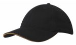 A black cap with a contrasting sandwich trim and a curved peak, featuring a logo on the front.