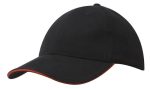 A black cap with a contrasting orange trim and a rounded visor, featuring a logo on the front.