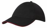A black cap with a red sandwich trim and a structured visor, featuring a logo on the front.