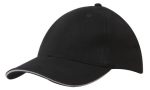 A black cap with a sandwich trim and a curved brim, featuring a logo on the front.