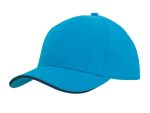A turquoise cap with a contrasting trim, featuring a curved brim and ventilation holes. It has a logo.