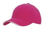 A pink cap with a contrasting trim, featuring a rounded crown and a curved peak. It has a logo on the side.
