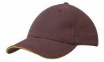 A brown cap with a yellow sandwich trim and a logo on the front.