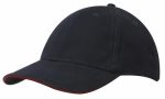 A navy cap with a sandwich trim, featuring a red accent along the brim and a logo on the front.