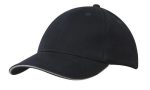 A black cap with a sandwich trim, featuring stitching details and a curved brim. It has a logo on the side.