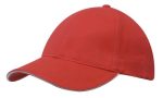 A red cap featuring a sandwich trim and a logo. The cap has a curved brim and ventilation holes.