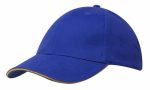 A blue cap with a contrasting trim, featuring a logo on the front.