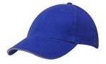 A blue cap with a curved visor and a sandwich trim detail, featuring a logo on the front.