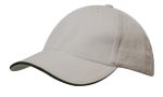 A white cap with a green sandwich trim and a rounded peak, featuring a logo on the front.