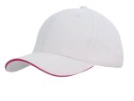 A white cap with pink sandwich trim, featuring a rounded peak and a brand logo on the front.