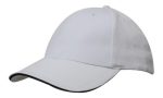 A white cap with a sandwich trim, featuring a structured crown and a curved brim. It has a logo present.