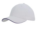 A white cap with a purple sandwich trim, featuring a curved brim and a simple design. It includes a logo.