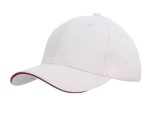 A white cap with a red sandwich trim and a curved brim, featuring a logo on the front.