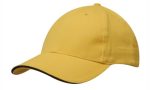 A yellow cap featuring a sandwich trim along the brim and a logo on the front.