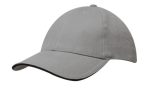 A grey cap with a sandwich trim and an adjustable back, featuring a logo on the front.