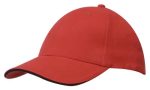 A red cap with a curved peak and black sandwich trim. The cap has a logo on the front.
