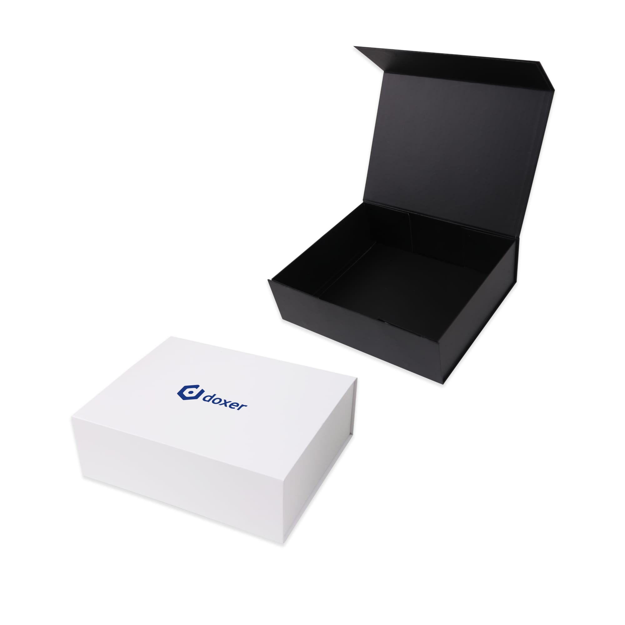 A large foldable magnetic box in white with a logo, featuring a black interior. Large Foldable Magnetic Box - Image 1