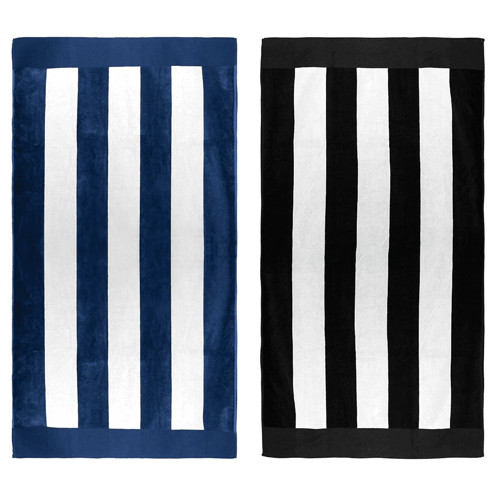 Two striped beach towels, one in navy blue and white, and the other in black and white, both with branding. Two striped beach towels, one in navy blue and white, and the other in black and white, both with branding.
