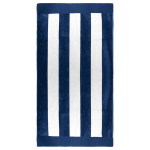 A navy blue and white striped beach towel with a logo on one corner. Perfect for leisure and outdoor activities.