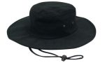 A black brushed heavy cotton hat with a wide brim and adjustable chin strap, featuring eyelets for ventilation.