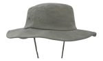 A brushed heavy cotton hat in grey with a wide brim and adjustable chin strap, featuring metal eyelets for ventilation.