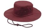 A brushed heavy cotton hat in a deep burgundy colour with a wide brim and adjustable drawstring.