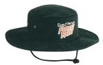 A black brushed heavy cotton hat with a wide brim and an adjustable chin strap, featuring a logo.