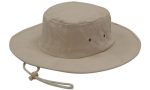 A beige brushed heavy cotton hat with a wide brim and an adjustable chin strap. It features ventilation holes.
