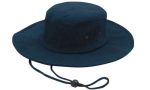 A navy blue brushed heavy cotton hat with a wide brim and an adjustable chin strap.
