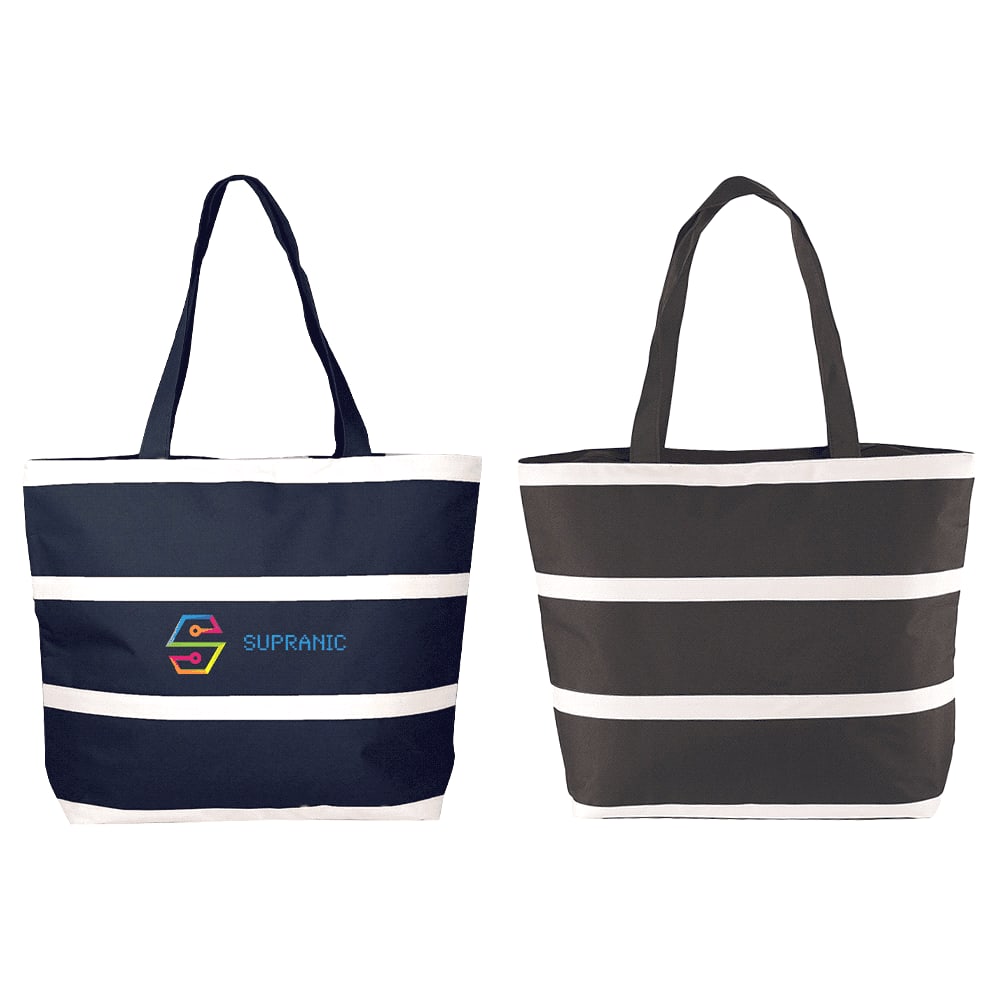A striped insulated cooler bag in navy blue and black, featuring a logo on the front. Ideal for keeping items cool. Insulated Cooler Bag 26L - Image 1