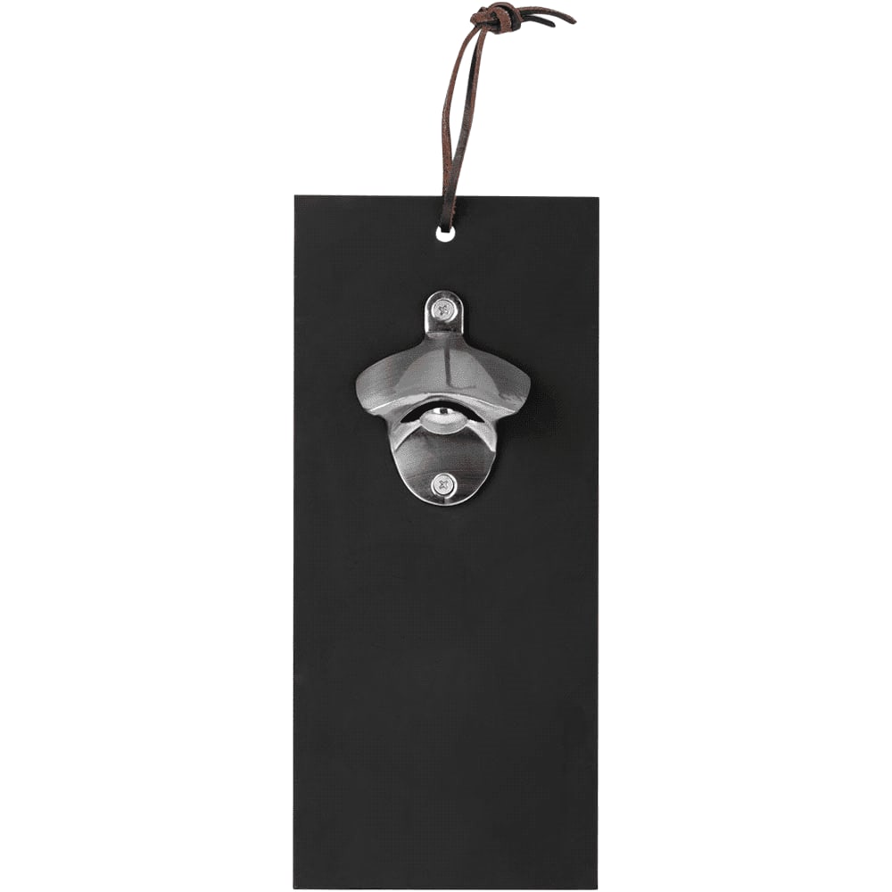 A drink bottle opener with a stainless steel top and a black backing, featuring a leather hanging strap. Fero Opener - Image 1