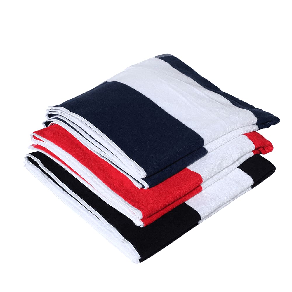 A stack of cotton beach towels featuring navy, red, white, and black stripes, with one towel having a logo. Cotton Beach Towel - Image 1