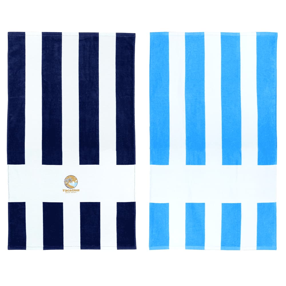 Two striped beach towels, one in navy and white, the other in light blue and white, each featuring a logo. Palm Cove Beach Towel - Image 1