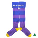 Purple and blue striped knee-high football socks with yellow accents and a logo.