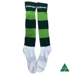 Green and black striped knee-high football socks with white soles and a branded logo.