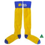 A pair of knee-high football socks in bright yellow with blue accents and a logo.