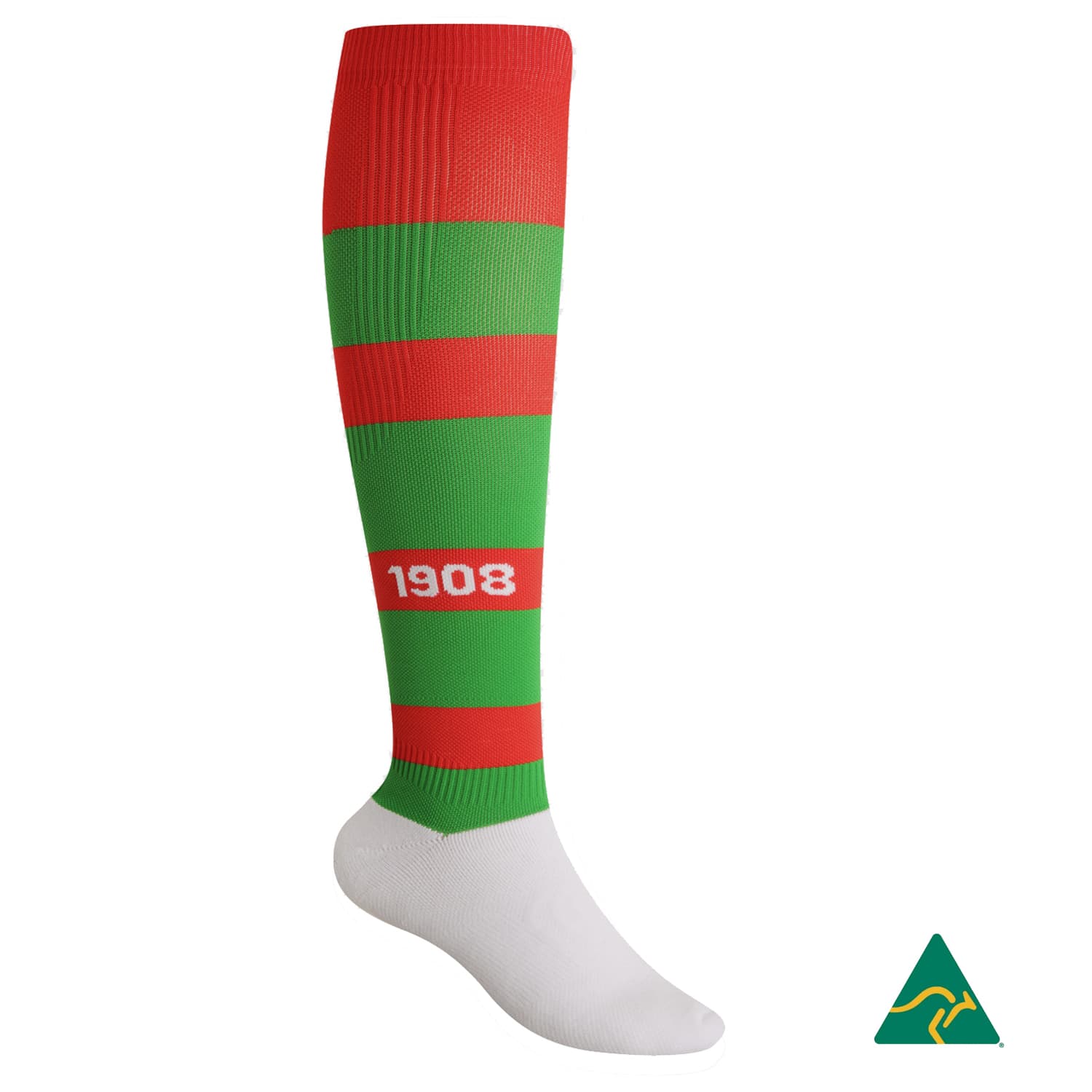Red and white striped compression football sock with a logo on the upper part. Red and white striped compression football sock with a logo on the upper part.