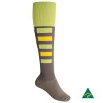 A compression football sock featuring green, yellow, and brown colours with a logo on the side.