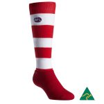 A red and white striped compression football sock featuring a logo, designed for sports use.