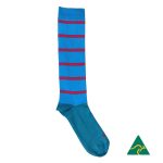A blue compression football sock with red stripes and a logo on the side.