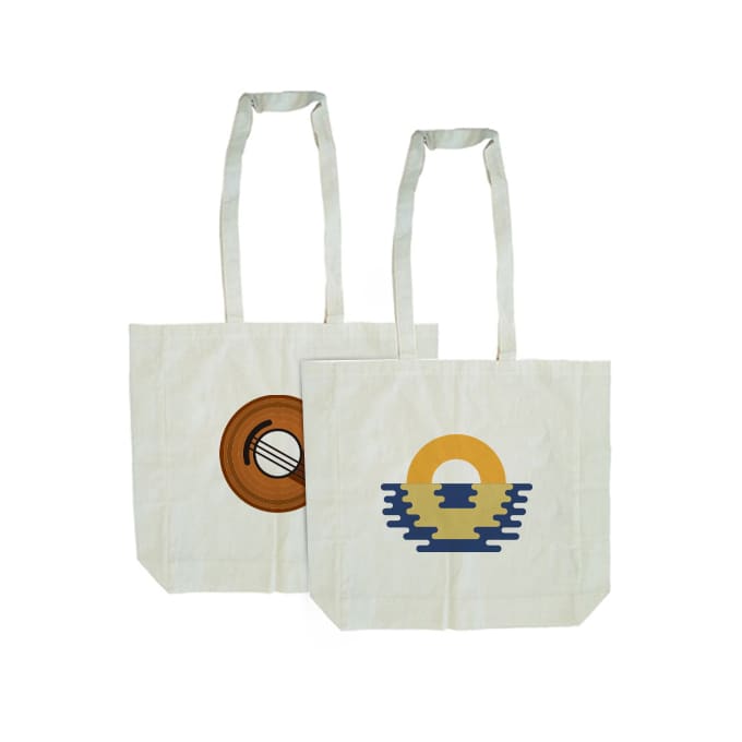 A calico tote bag in natural colour with long handles, featuring two different graphic designs and a logo. 140gsm Long Handle Calico with Gusset - Image 1