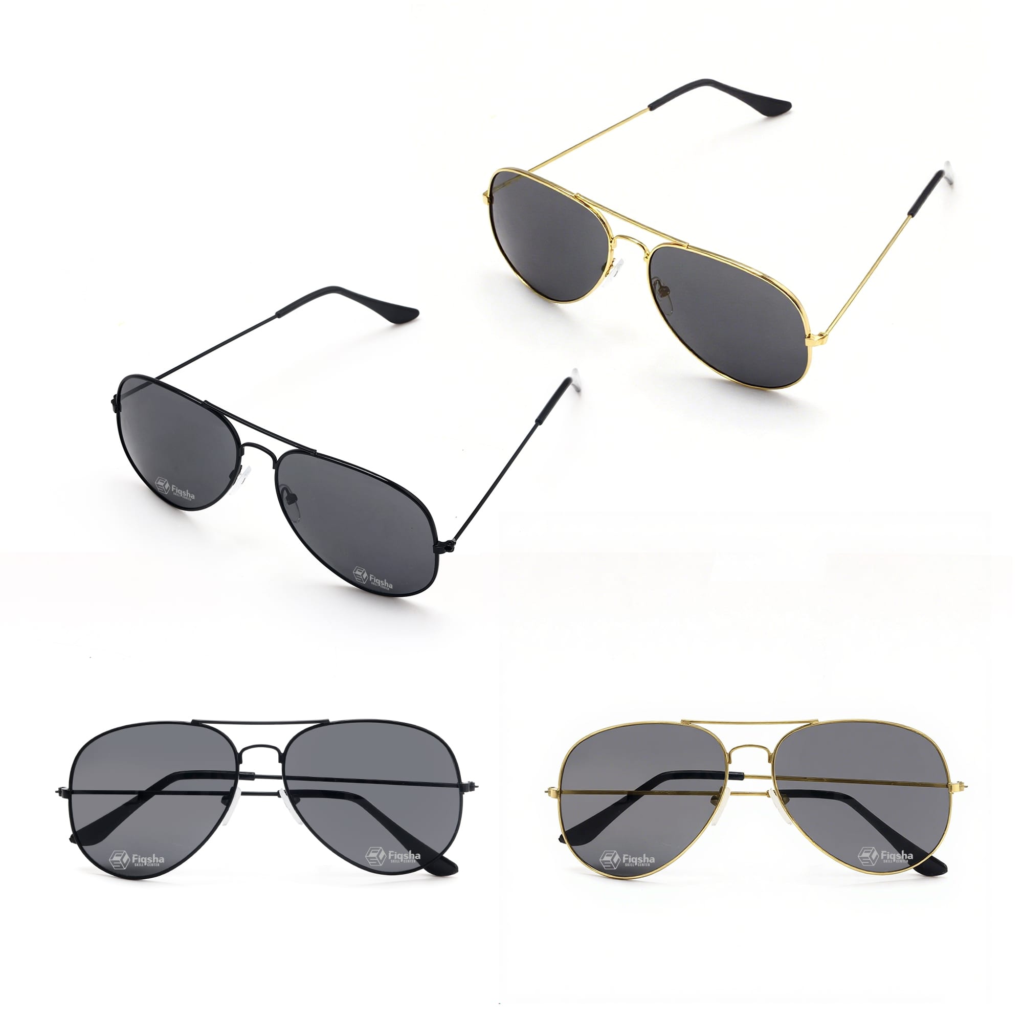 Classic aviator sunglasses in black and gold, featuring dark lenses and metal frames. Some have logos on the frames. Classic Aviator Sunglasses - Image 1