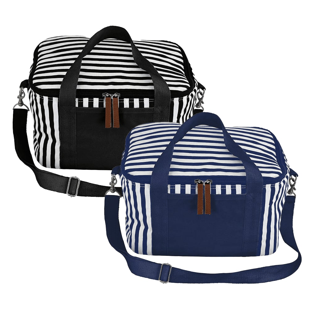Striped cotton canvas cooler bags in black and navy blue with zip closures and handles. Features a logo. Striped Cotton Canvas Cooler 16L - Image 1