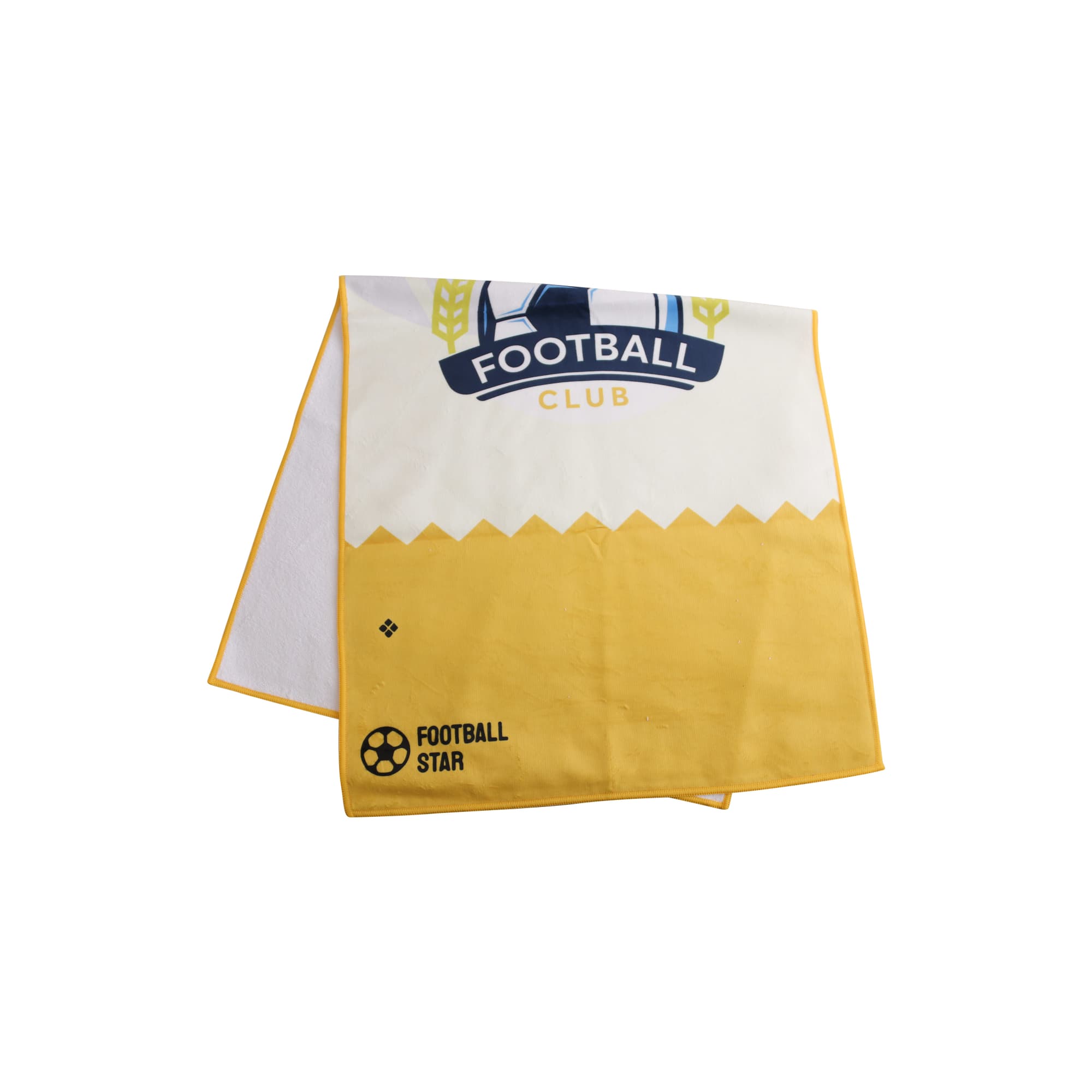 A yellow and white sports towel featuring a logo and graphic design, folded neatly. Measurements are 50x100cm. Colour Sports Towel (50x100cm) - Image 1