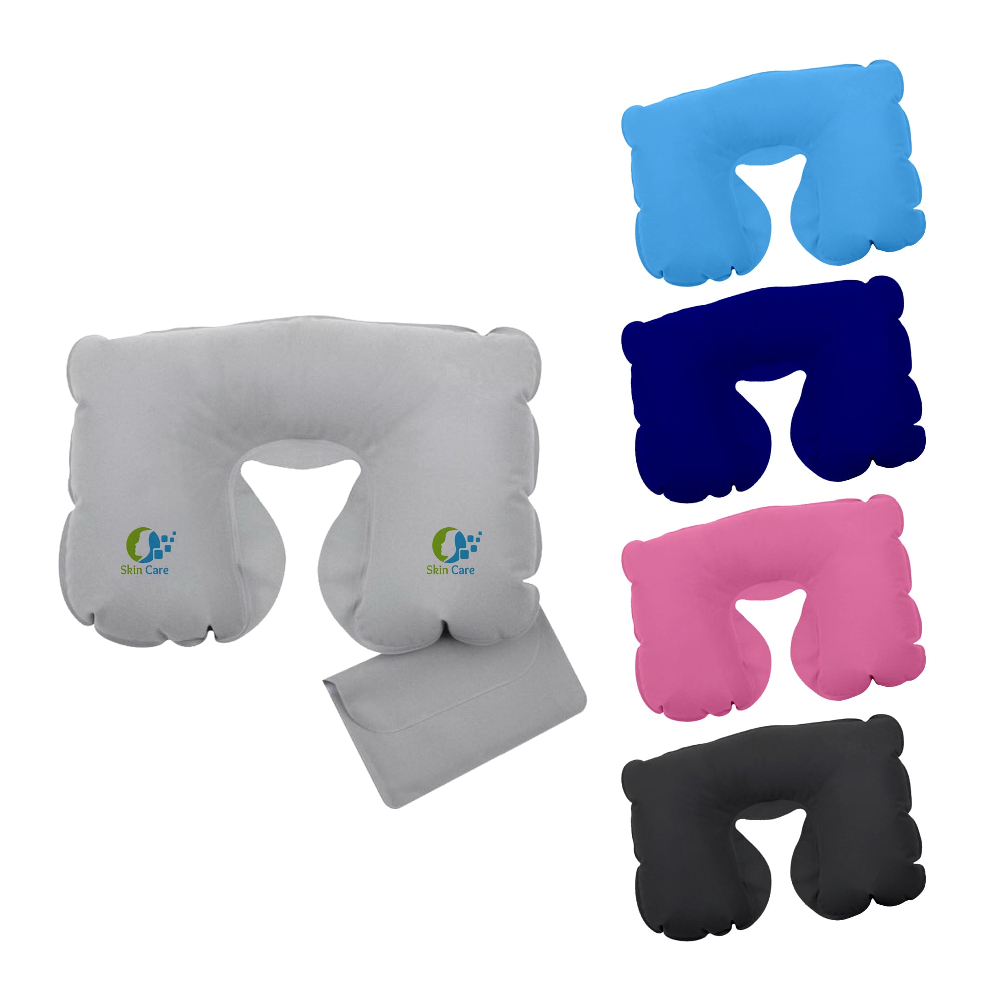 An inflatable travel pillow is displayed in grey, blue, pink, black, and a different shade. It features a logo. Inflatable travel Pillow - Image 1