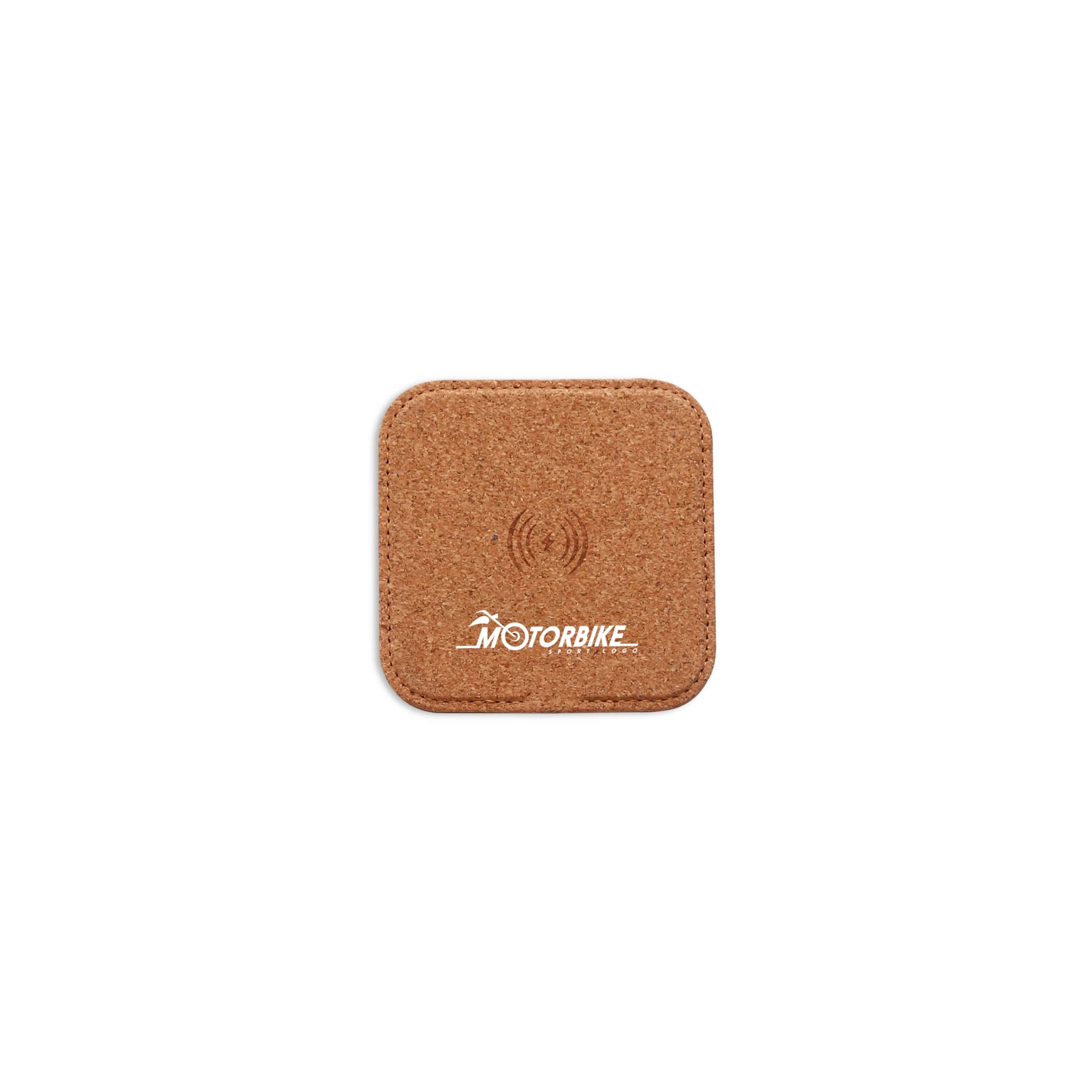 A square cork wireless charger featuring a simple design and a logo. 10W Square Cork Wireless Charger - Image 1
